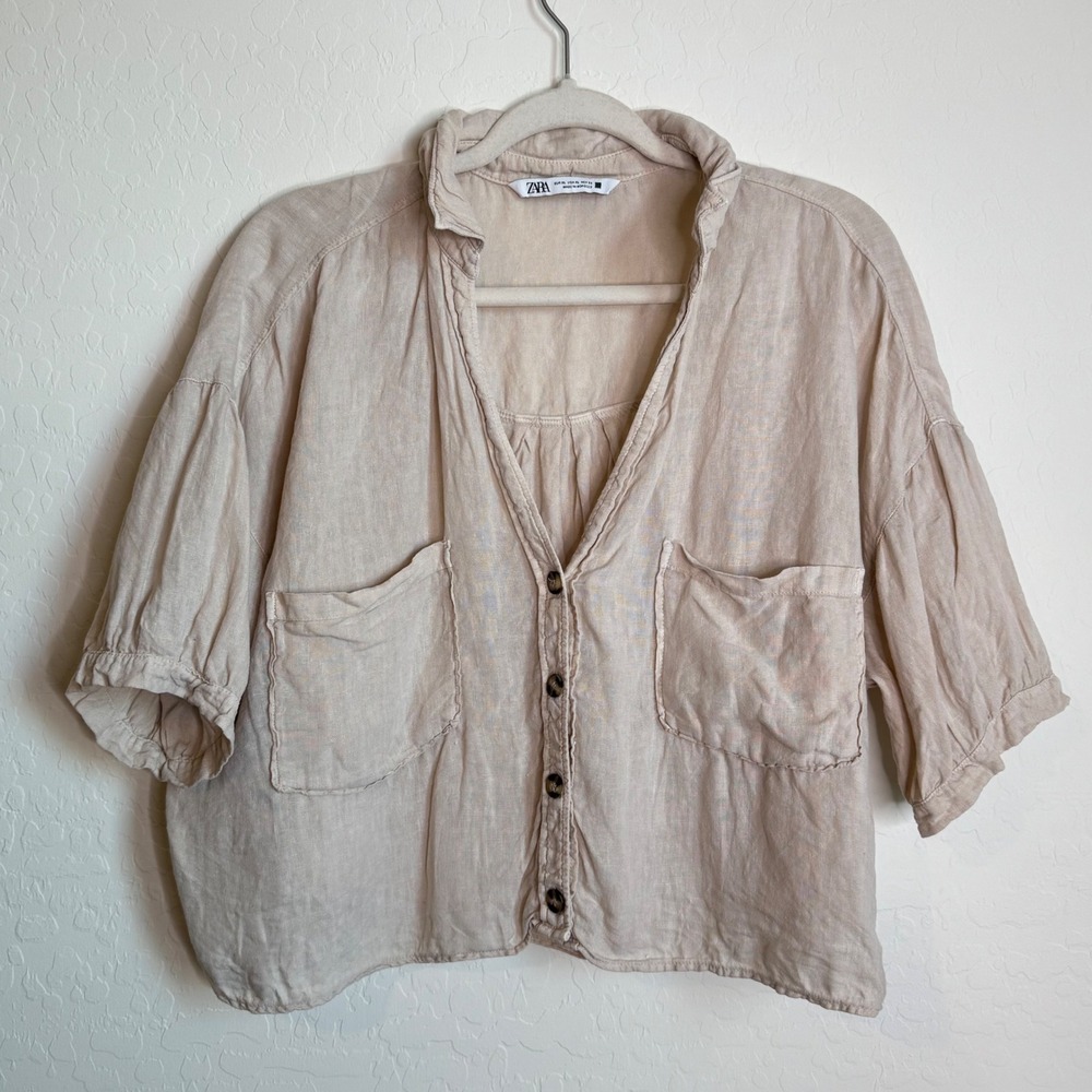Zara Beige Linen Blend Oversized Button Down Short Sleeve Boxy Shirt XL Boho